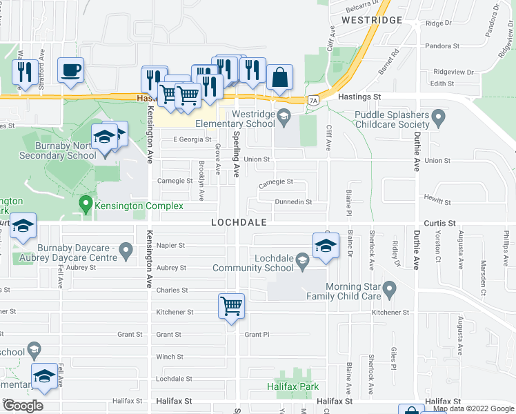map of restaurants, bars, coffee shops, grocery stores, and more near 6806 Dunnedin Street in Burnaby