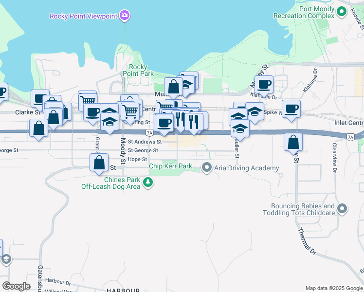 map of restaurants, bars, coffee shops, grocery stores, and more near 3004 Saint George Street in Port Moody