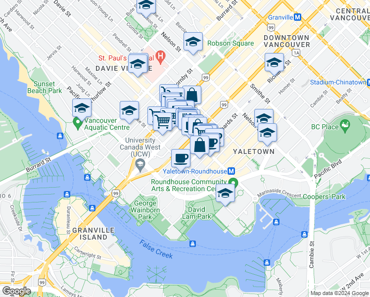 map of restaurants, bars, coffee shops, grocery stores, and more near 1238 Seymour Street in Vancouver