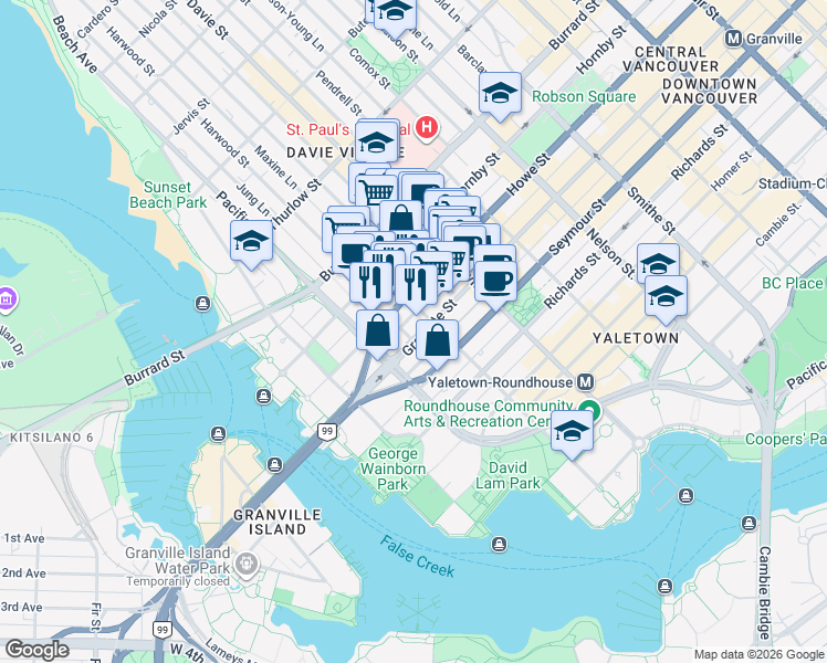 map of restaurants, bars, coffee shops, grocery stores, and more near 1388 Continental Street in Vancouver