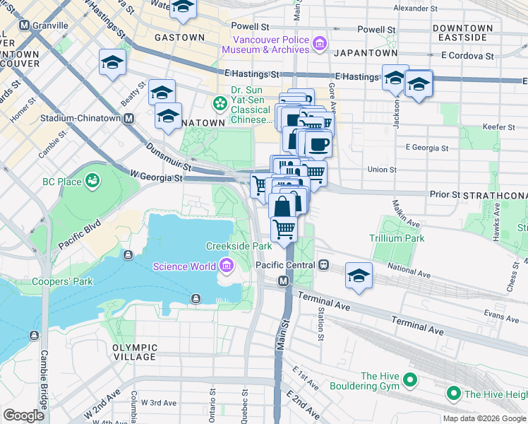 map of restaurants, bars, coffee shops, grocery stores, and more near 120 Milross Avenue in Vancouver