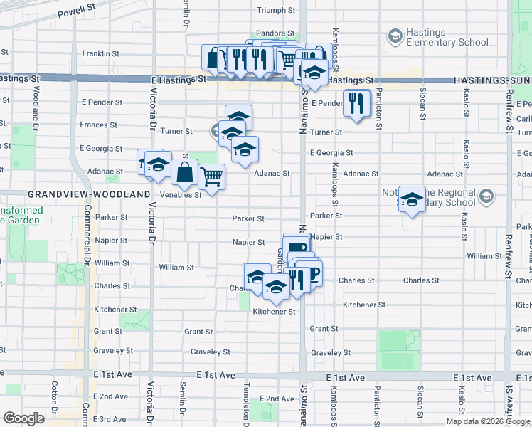 map of restaurants, bars, coffee shops, grocery stores, and more near 2247 Parker Street in Vancouver