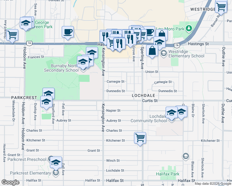 map of restaurants, bars, coffee shops, grocery stores, and more near 6546 Dunnedin Street in Burnaby