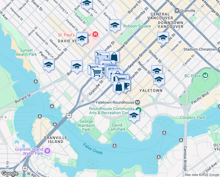 map of restaurants, bars, coffee shops, grocery stores, and more near in Vancouver