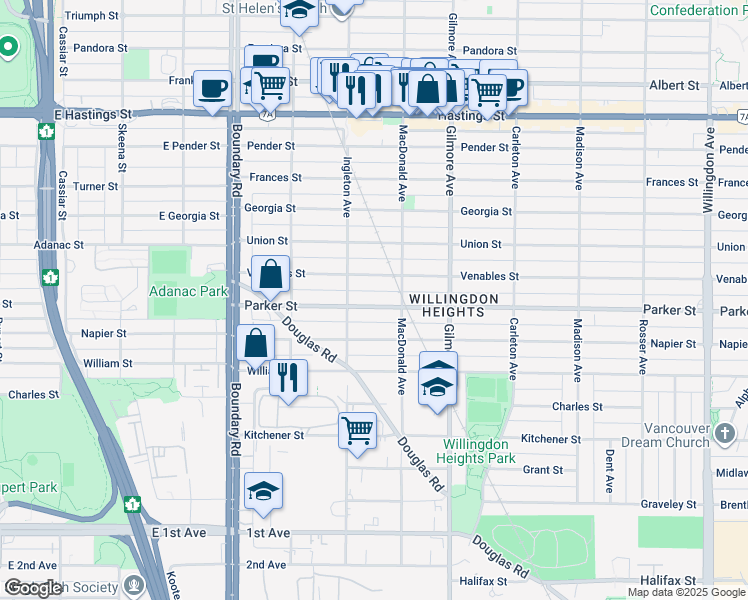 map of restaurants, bars, coffee shops, grocery stores, and more near 3945 Parker Street in Burnaby