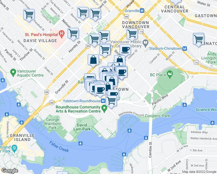map of restaurants, bars, coffee shops, grocery stores, and more near 1101 Hamilton Street in Vancouver