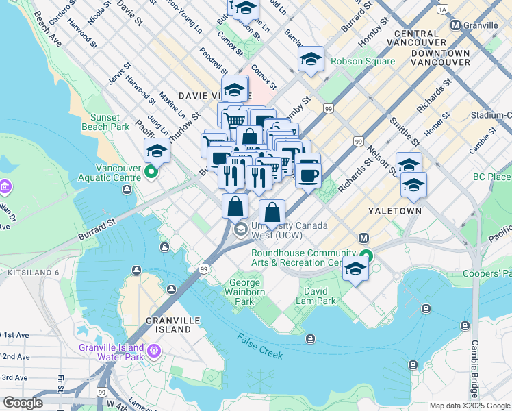 map of restaurants, bars, coffee shops, grocery stores, and more near 1351 Continental Street in Vancouver