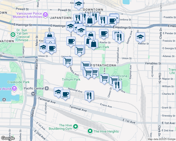 map of restaurants, bars, coffee shops, grocery stores, and more near 657 Atlantic Street in Vancouver