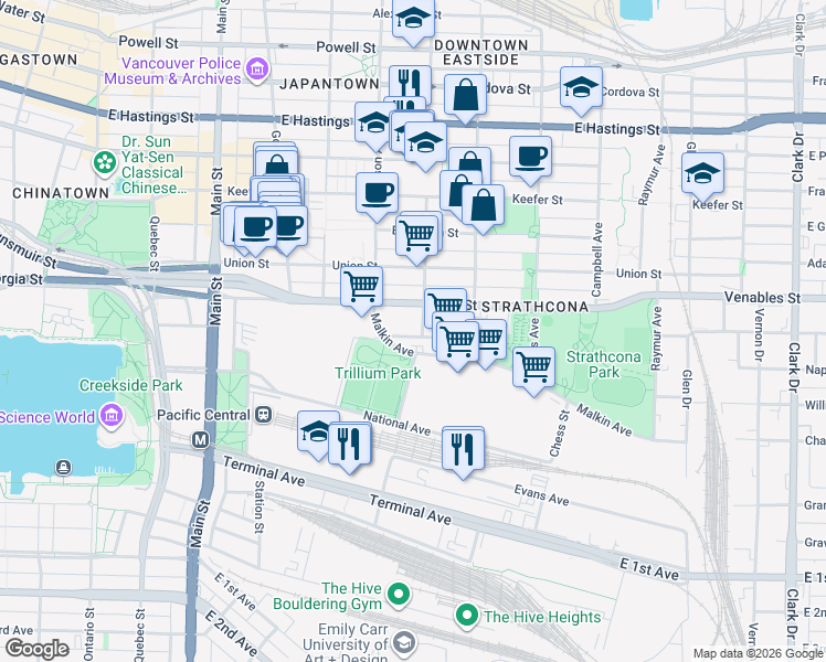map of restaurants, bars, coffee shops, grocery stores, and more near 545 Atlantic Street in Vancouver