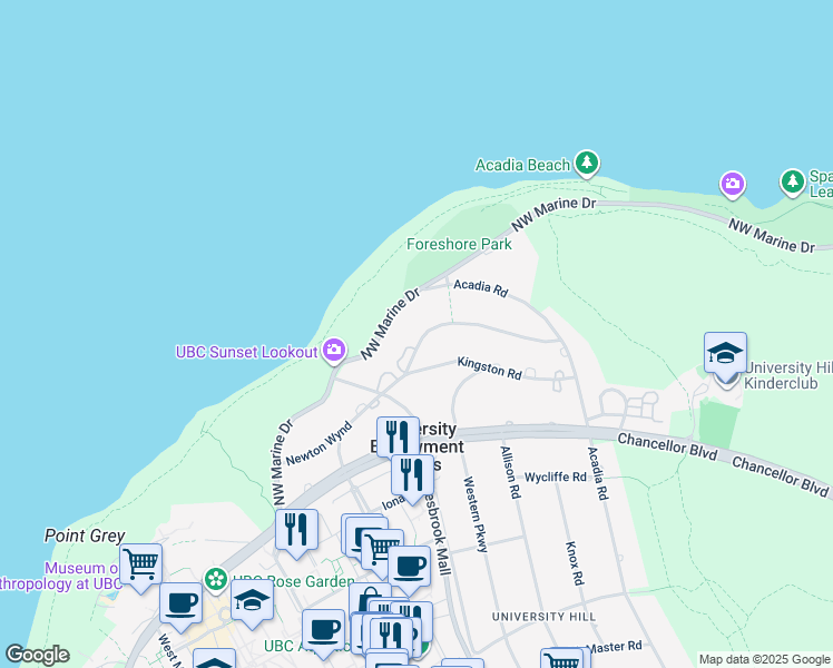 map of restaurants, bars, coffee shops, grocery stores, and more near 5795 Newton Wynd in Vancouver