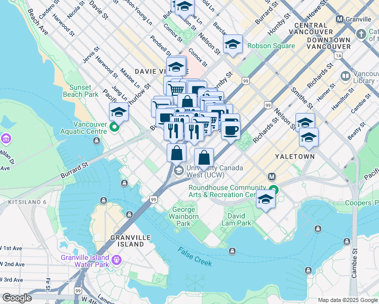 map of restaurants, bars, coffee shops, grocery stores, and more near 1317 Continental Street in Vancouver