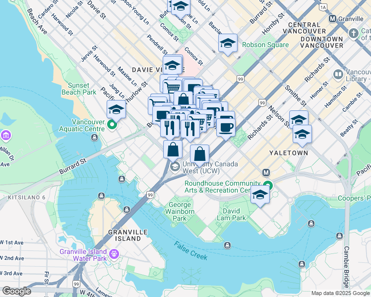 map of restaurants, bars, coffee shops, grocery stores, and more near 805 Continental Street in Vancouver