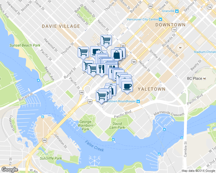 map of restaurants, bars, coffee shops, grocery stores, and more near 1255 Seymour Street in Vancouver