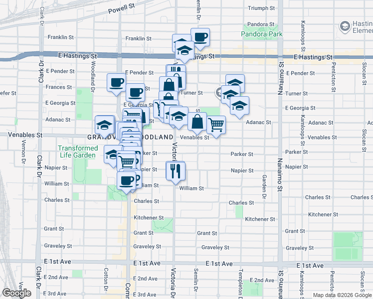map of restaurants, bars, coffee shops, grocery stores, and more near 1943 Parker Street in Vancouver