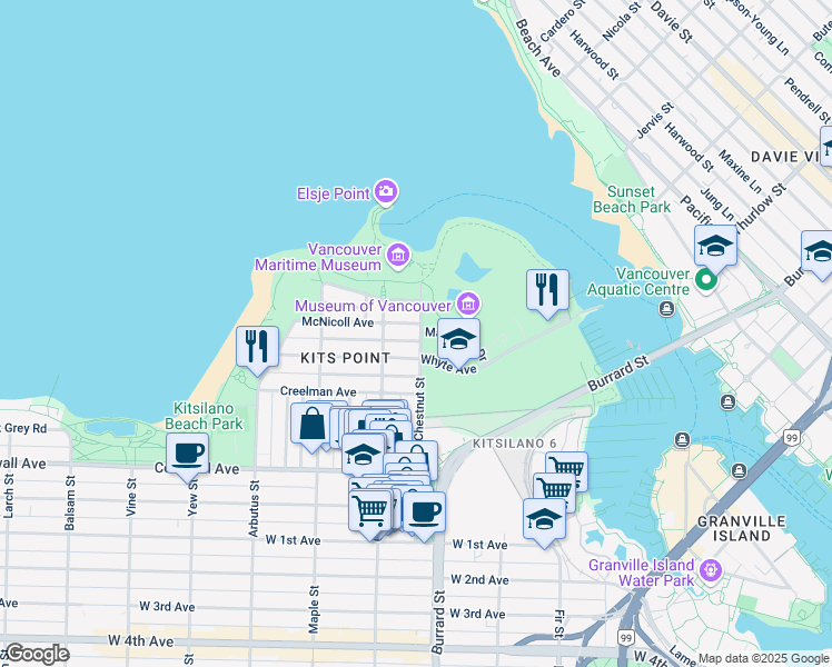 map of restaurants, bars, coffee shops, grocery stores, and more near 1802 McNicoll Avenue in Vancouver