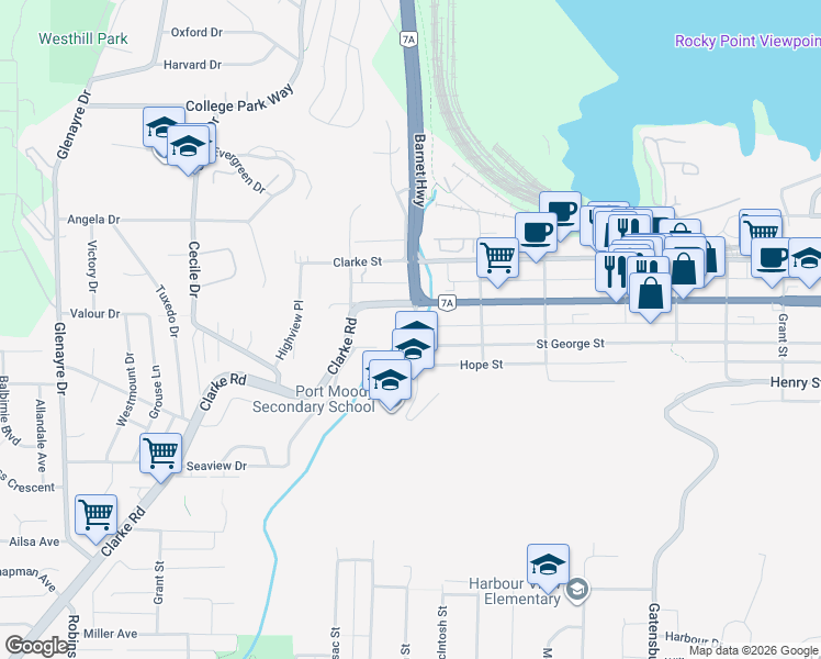 map of restaurants, bars, coffee shops, grocery stores, and more near 125 Albert Street in Port Moody
