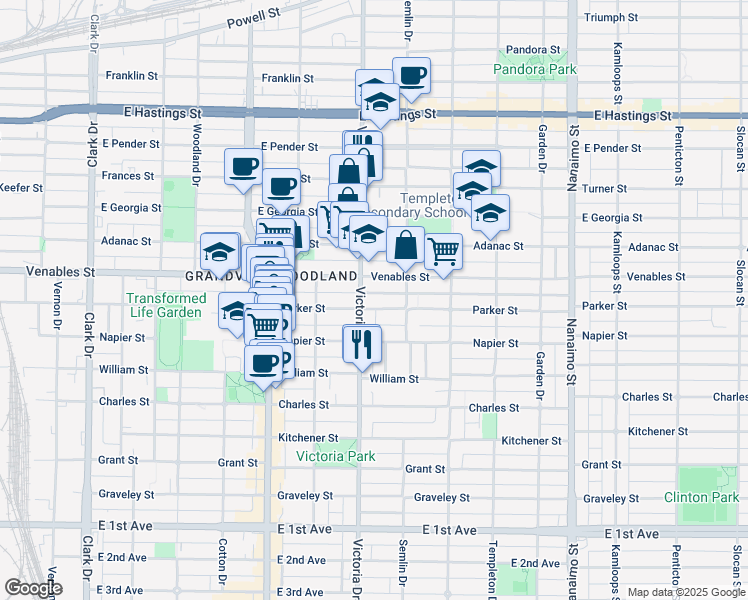 map of restaurants, bars, coffee shops, grocery stores, and more near 1923 Parker Street in Vancouver