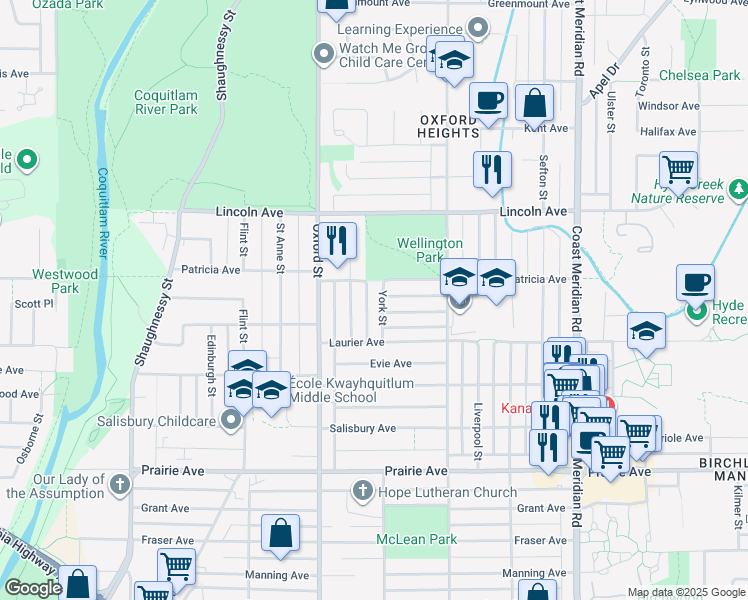 map of restaurants, bars, coffee shops, grocery stores, and more near 3561 York Street in Port Coquitlam