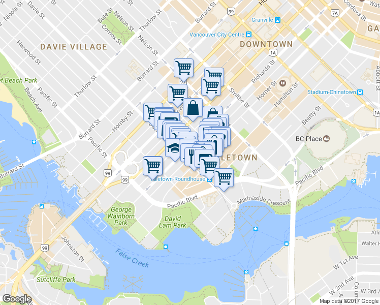map of restaurants, bars, coffee shops, grocery stores, and more near 1188 Richards Street in Vancouver