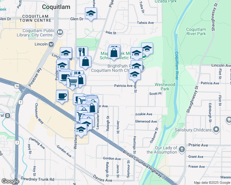 map of restaurants, bars, coffee shops, grocery stores, and more near 2567 Tuohey Avenue in Port Coquitlam