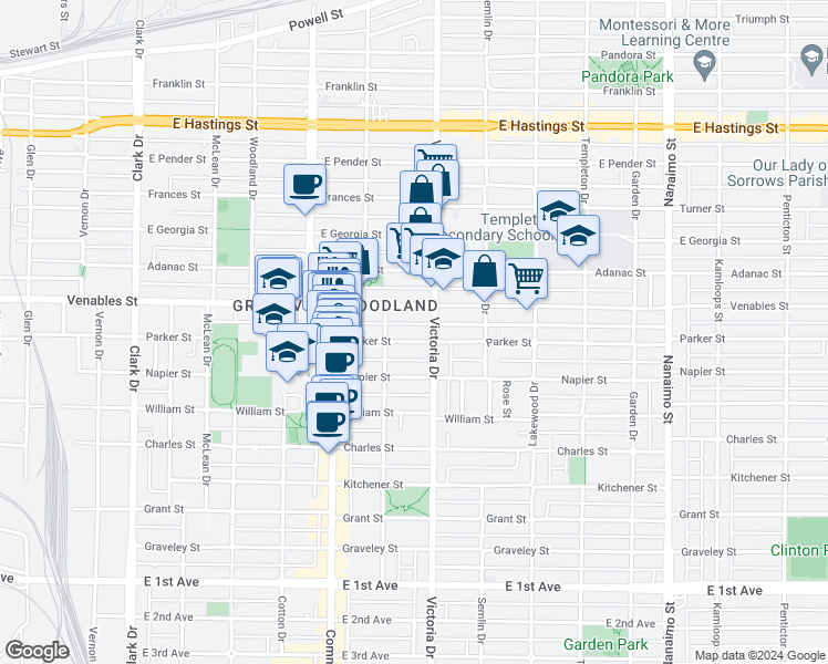 map of restaurants, bars, coffee shops, grocery stores, and more near 1841 Parker Street in Vancouver