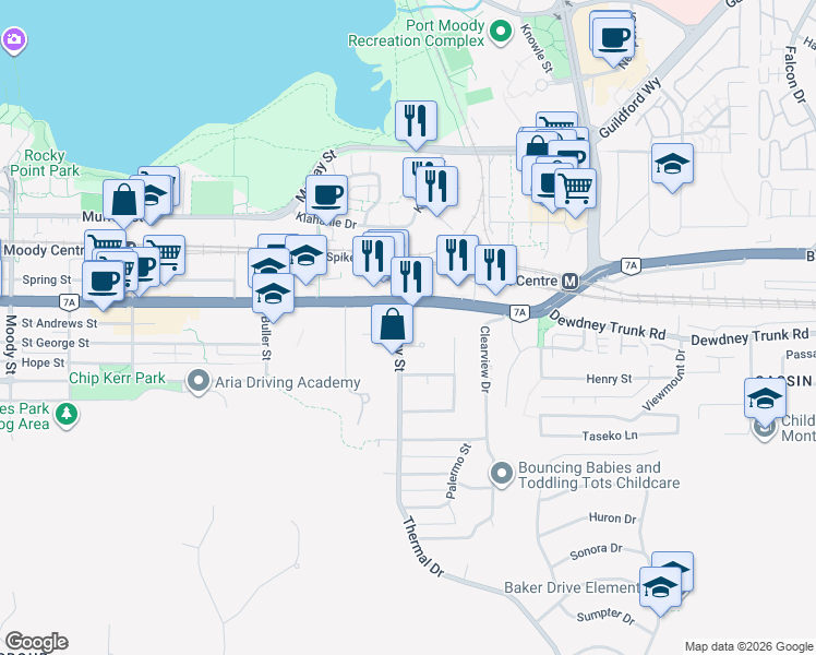 map of restaurants, bars, coffee shops, grocery stores, and more near 112 Moray Street in Port Moody