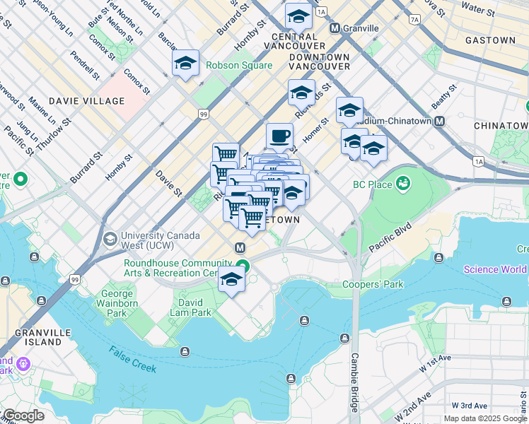 map of restaurants, bars, coffee shops, grocery stores, and more near in Vancouver