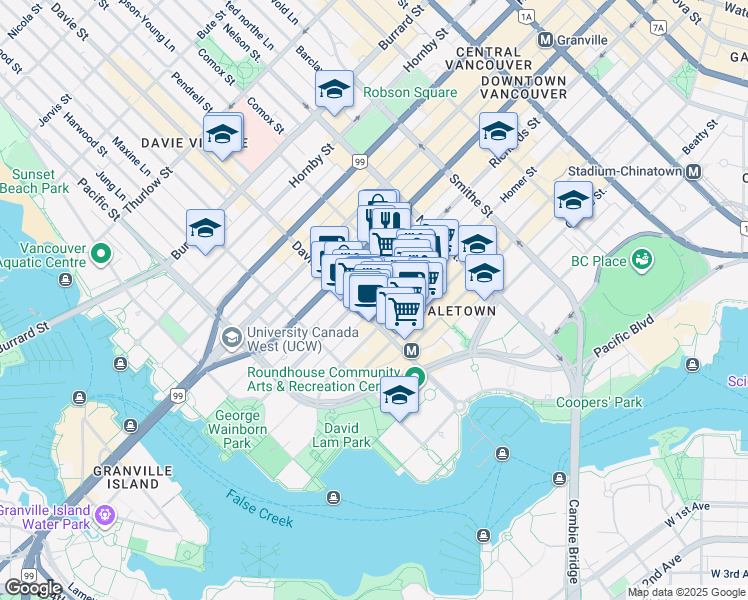 map of restaurants, bars, coffee shops, grocery stores, and more near in Vancouver