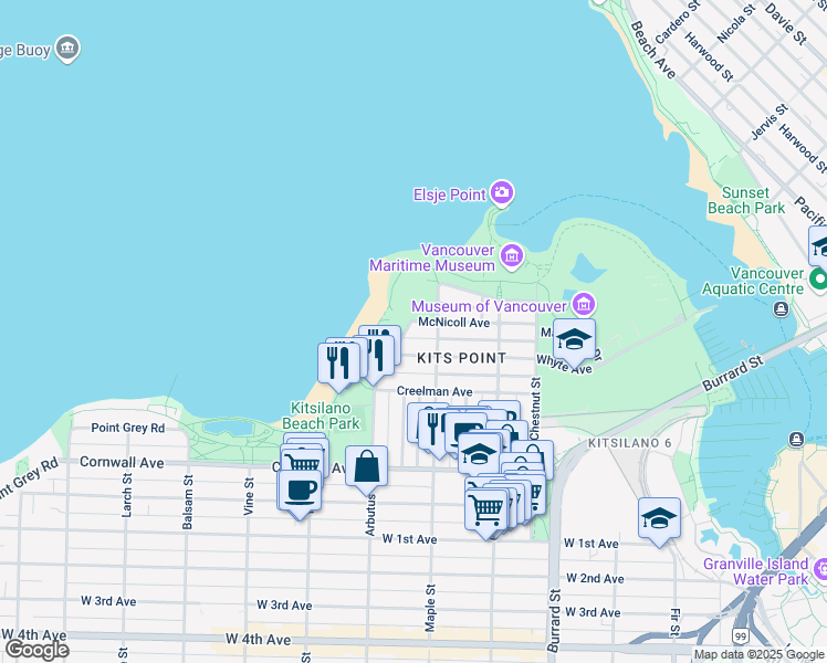 map of restaurants, bars, coffee shops, grocery stores, and more near in Vancouver