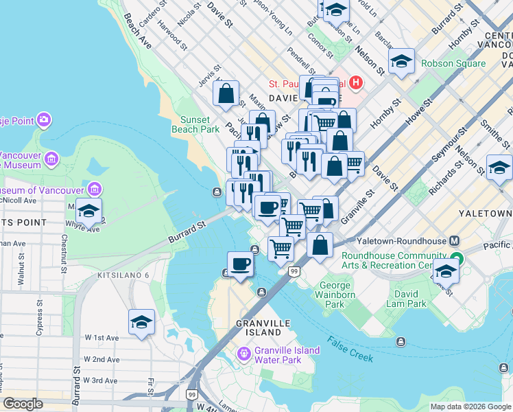 map of restaurants, bars, coffee shops, grocery stores, and more near 1006 Beach Avenue in Vancouver