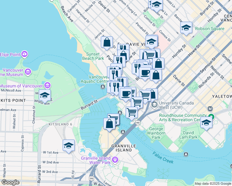 map of restaurants, bars, coffee shops, grocery stores, and more near 1012 Beach Avenue in Vancouver