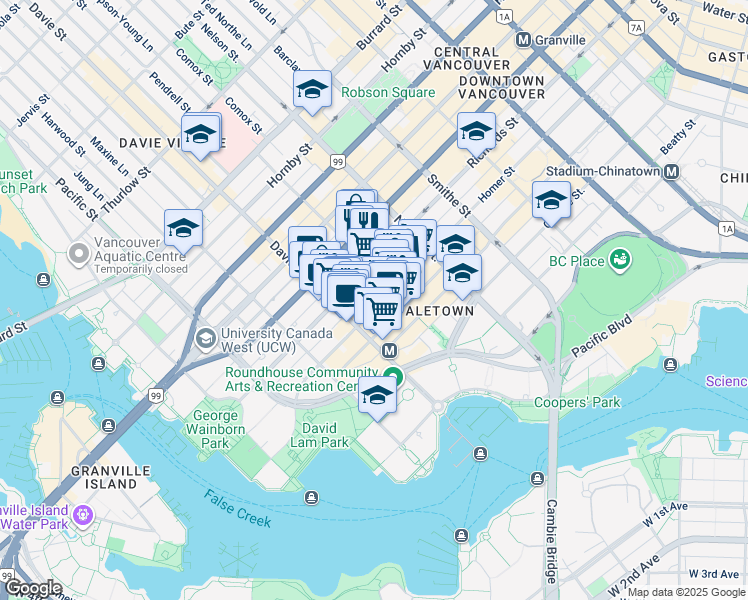 map of restaurants, bars, coffee shops, grocery stores, and more near 1133 Homer Street in Vancouver