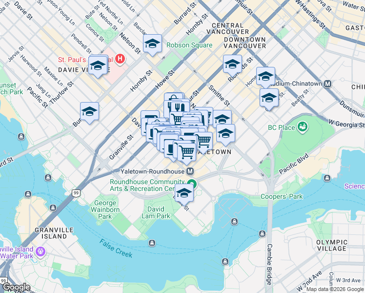map of restaurants, bars, coffee shops, grocery stores, and more near 1133 Homer Street in Vancouver