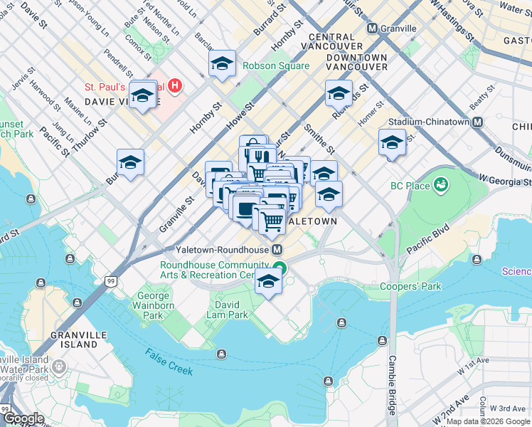 map of restaurants, bars, coffee shops, grocery stores, and more near 1133 Homer Street in Vancouver