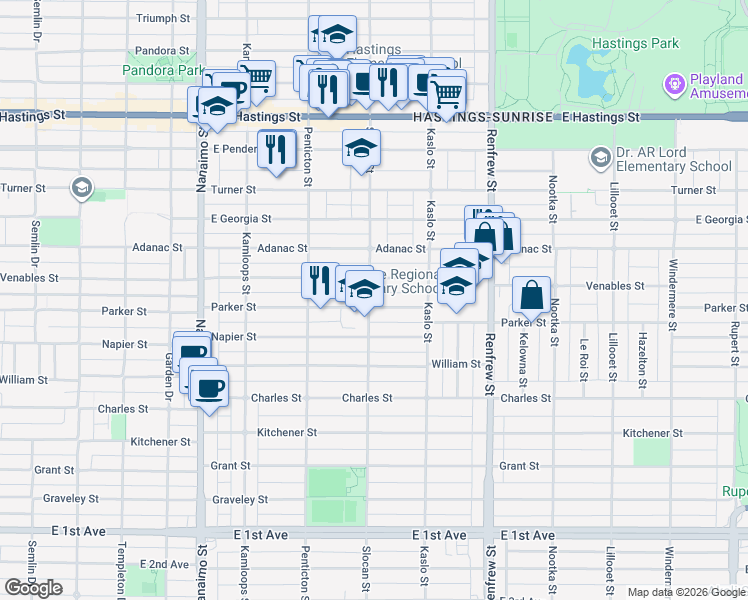 map of restaurants, bars, coffee shops, grocery stores, and more near 2703 Parker Street in Vancouver