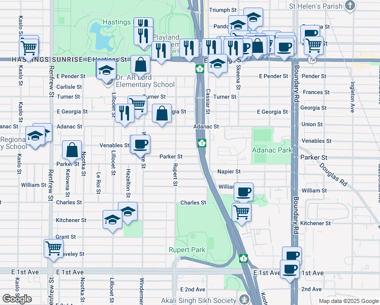 map of restaurants, bars, coffee shops, grocery stores, and more near 3345 Parker Street in Vancouver