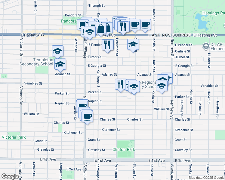 map of restaurants, bars, coffee shops, grocery stores, and more near 2577 Parker Street in Vancouver