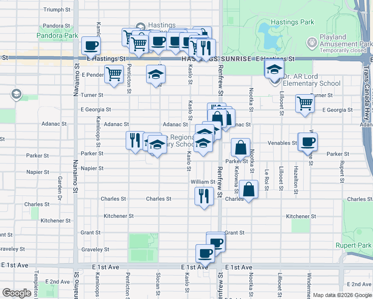 map of restaurants, bars, coffee shops, grocery stores, and more near 2797 Parker Street in Vancouver