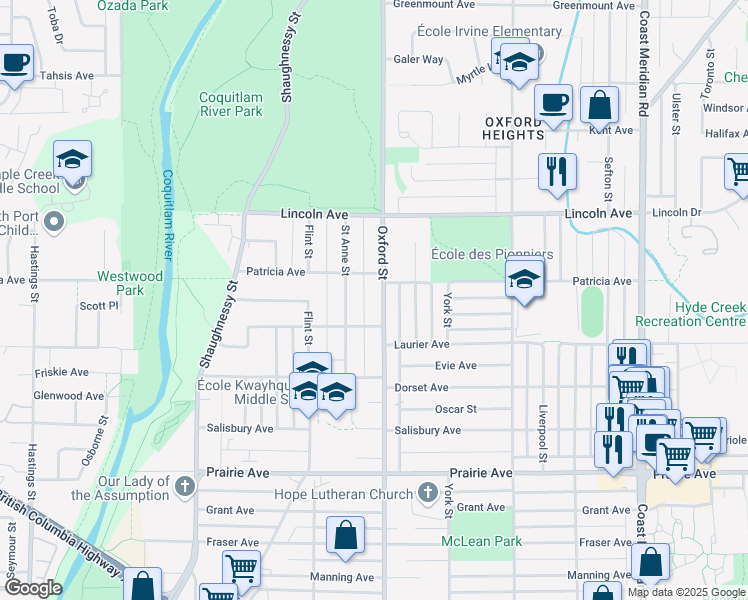 map of restaurants, bars, coffee shops, grocery stores, and more near 3563 Oxford Street in Port Coquitlam