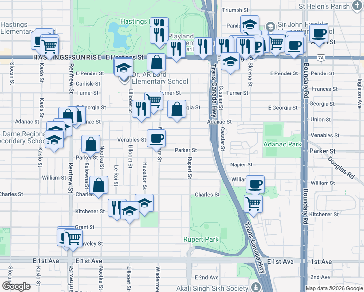 map of restaurants, bars, coffee shops, grocery stores, and more near 3279 Parker Street in Vancouver