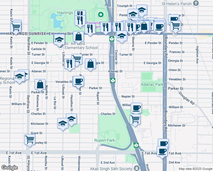 map of restaurants, bars, coffee shops, grocery stores, and more near 3345 Parker Street in Vancouver