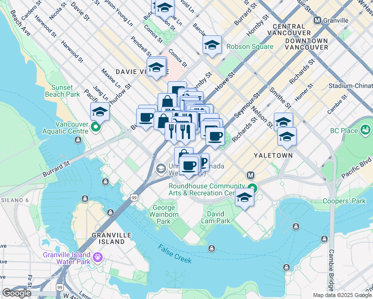 map of restaurants, bars, coffee shops, grocery stores, and more near 1295 Seymour Street in Vancouver
