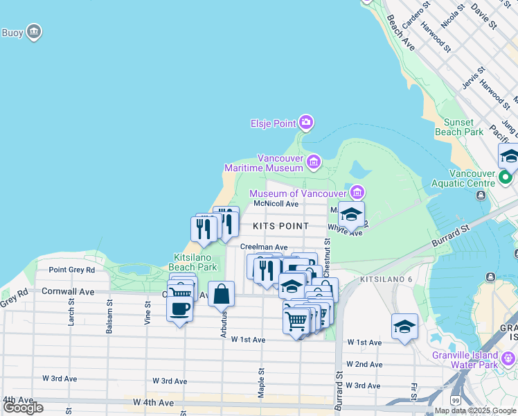 map of restaurants, bars, coffee shops, grocery stores, and more near 2012 McNicoll Avenue in Vancouver