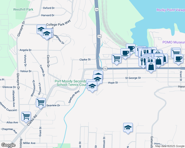 map of restaurants, bars, coffee shops, grocery stores, and more near 2015 Saint Johns Street in Port Moody