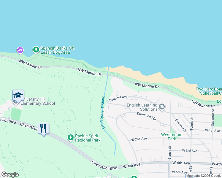 map of restaurants, bars, coffee shops, grocery stores, and more near 4883 Belmont Avenue in Vancouver