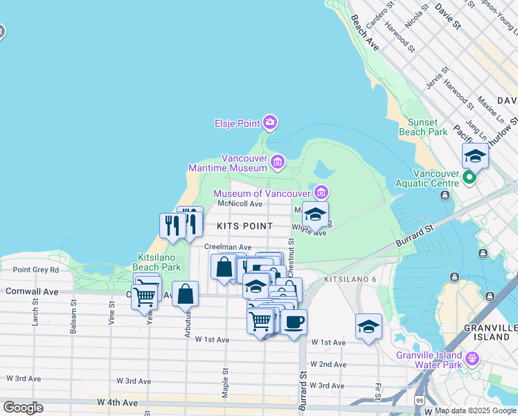 map of restaurants, bars, coffee shops, grocery stores, and more near 1920 McNicoll Avenue in Vancouver