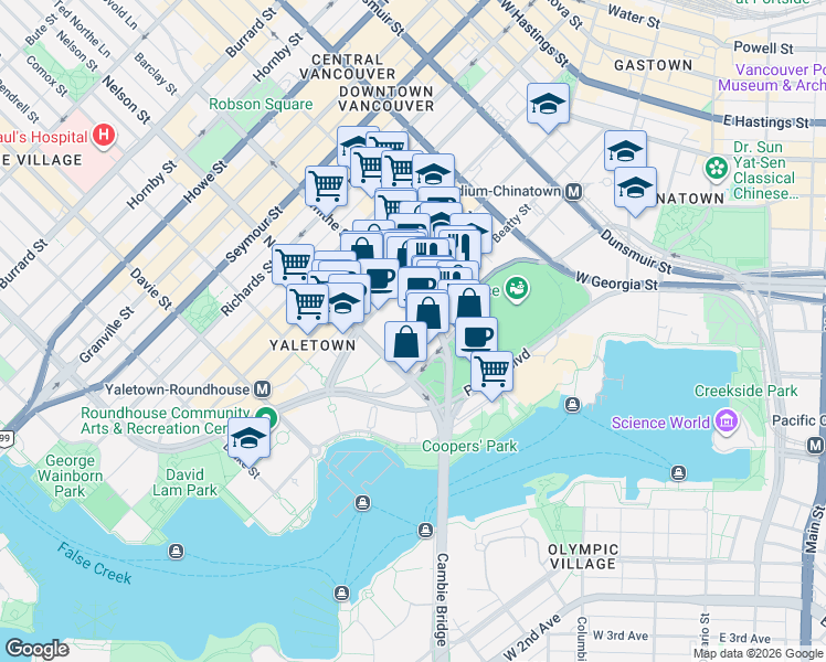 map of restaurants, bars, coffee shops, grocery stores, and more near 938 Beatty Street in Vancouver