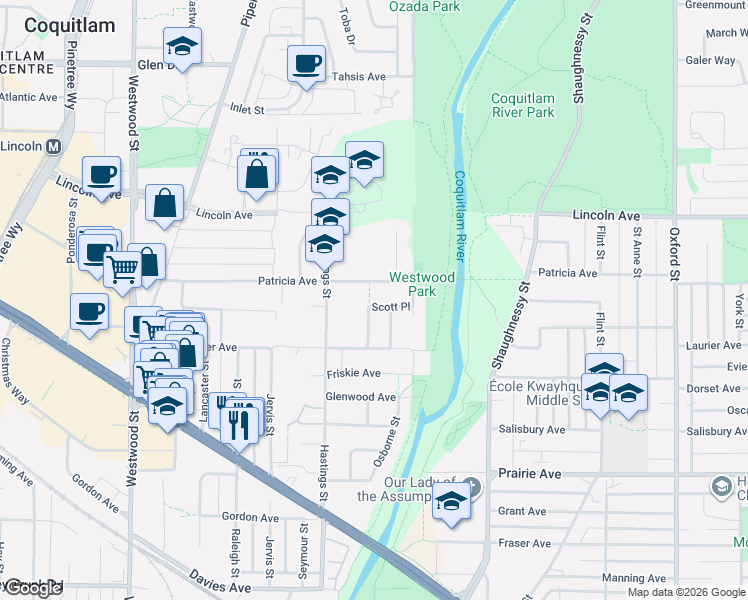 map of restaurants, bars, coffee shops, grocery stores, and more near 2400 Patricia Avenue in Port Coquitlam
