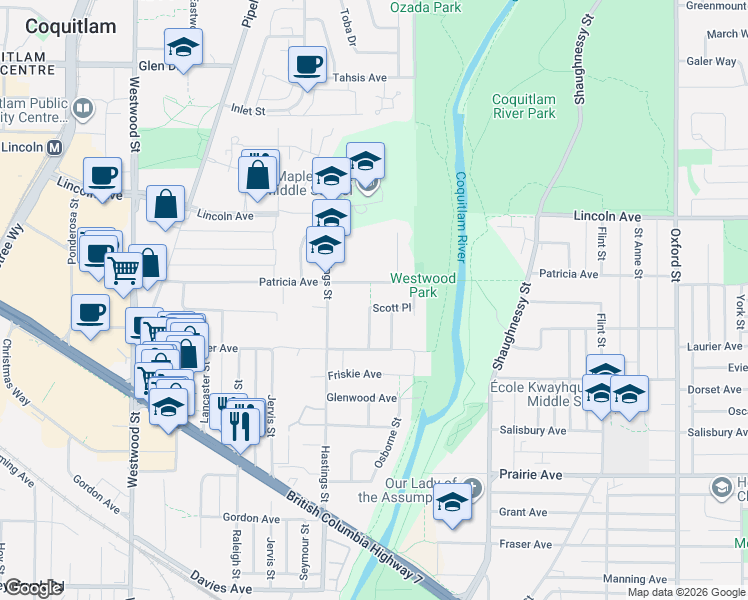 map of restaurants, bars, coffee shops, grocery stores, and more near 2413 Scott Place in Port Coquitlam