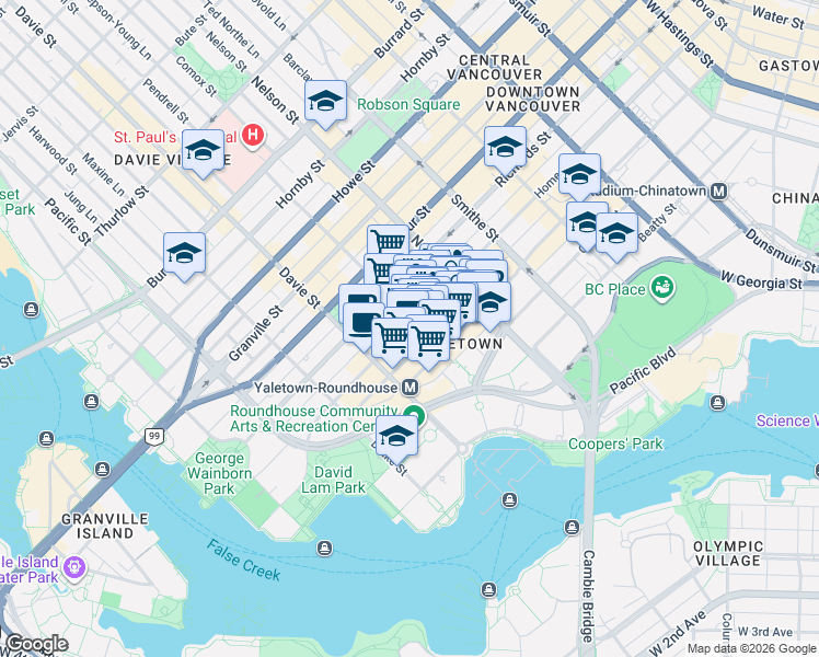 map of restaurants, bars, coffee shops, grocery stores, and more near 1118 Homer Street in Vancouver